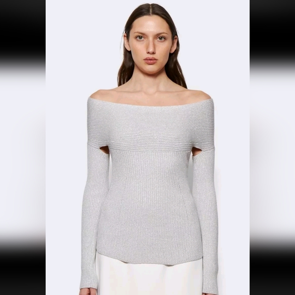 Khaite Salma Off-Shoulder Ribbed Silver Grey Metallic Sweater Top XS MSRP $1380